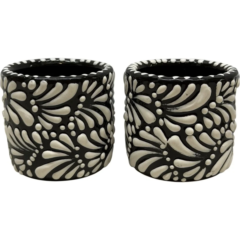 Handmade Talavera Shot Glasses Black White Floral Ceramic Set of 4 Vintage Style